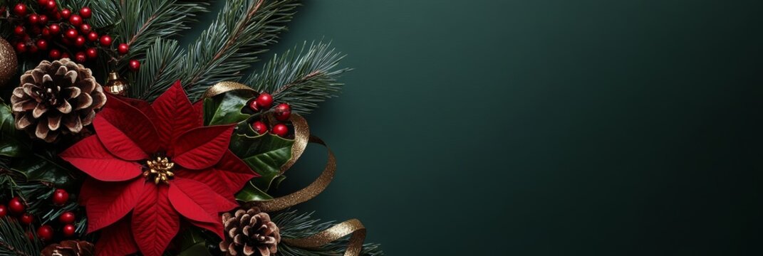 Elegant wide Christmas banner with lush poinsettias and festive decorations against a deep green backdrop.