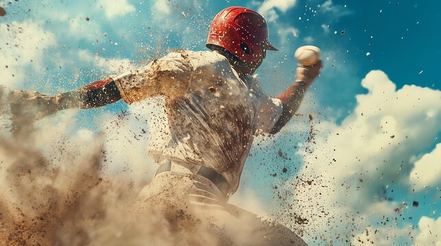 A baseball player throws a ball with all his might, sending a cloud of dust and dirt into the air.