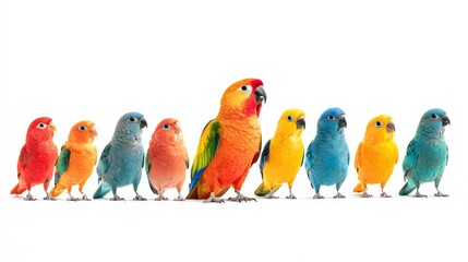 A charismatic parrot speaker delivers a motivational talk to a flock of attentive songbirds, symbolizing the power of persuasive speech and leadership