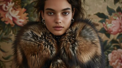 Highly detailed photograph of a model showcasing a luxury fur coat with rich detailing