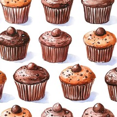 Watercolor seamless pattern of chocolate muffin cakes, isolated on a white background, featuring a creative and artistic design.