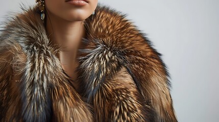 Highly detailed photograph of a model showcasing a luxury fur coat with rich detailing