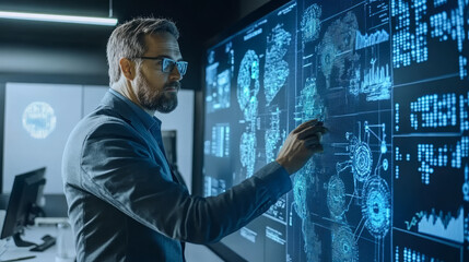 A leader consulting with data analysts to determine the best decision based on predictive models