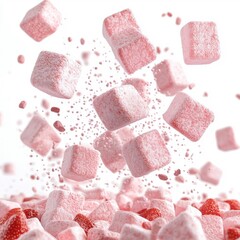 Strawberry marshmallows flying through the air, isolated on a white background, adding a fun and dynamic touch.