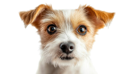 A dog with brown and white fur is staring at the camera. isolated on transparent background, PNG file