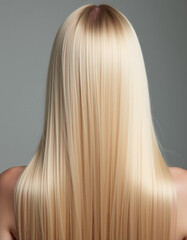 Naklejka premium Smooth, straight blond hair flows elegantly down back, highlighting its healthy shine and uniform color, illuminated by soft lighting, creating striking look. Hair care, the effect of cosmetics. AI