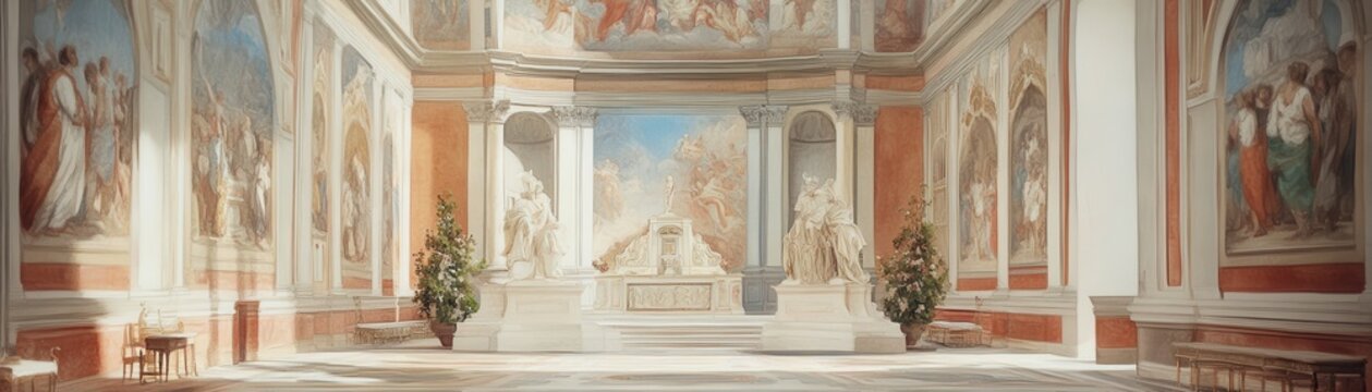 An expansive interior view of a grand hall adorned with intricate frescoes and classical sculptures, capturing artistic beauty.
