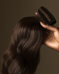 Fototapeta premium Stock Photo of Dark Brown Body Wave Weave Bundle Against Light Brown Background