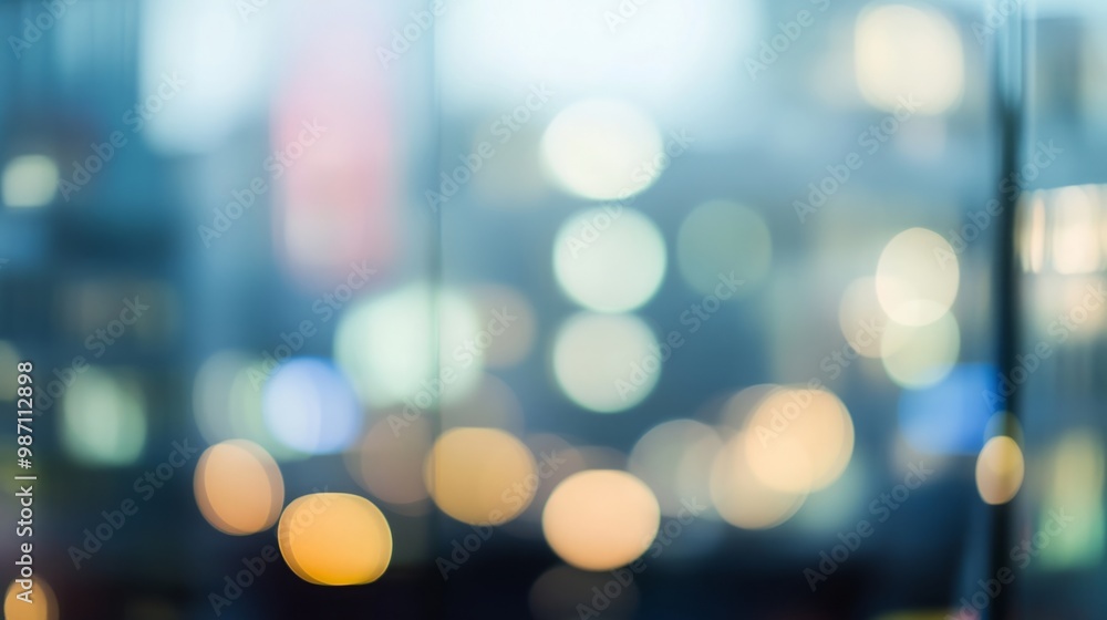 Poster a blurred, abstract image of a cityscape at night, with glowing lights creating a bokeh effect.