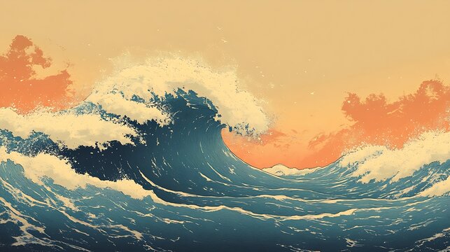 Great ocean wave as Japanese vintage style