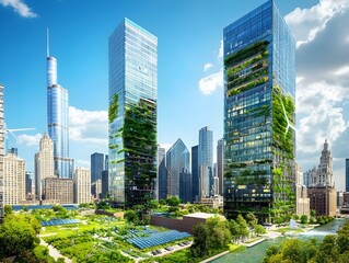 Obraz premium Visionary image of a gleaming eco friendly skyline featuring solar powered skyscrapers rooftop gardens community owned wind farms and revitalized waterways with hydroelectric plants