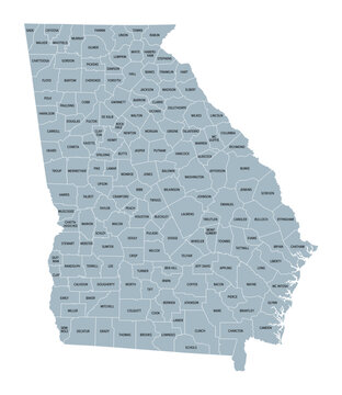 Georgia counties, gray political map. State in the Southeastern region of the United States, subdivided into 159 counties. Nicknamed Peach State, and Empire State of the South. Map with county names.