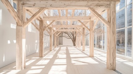 Bright and airy interior featuring wooden beams and natural light, ideal for showcasing modern architecture and design.