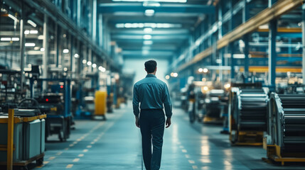 A leader walking through a factory, ensuring employees stay motivated despite uncertain market conditions