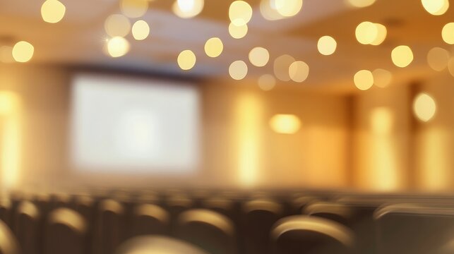 A blurry image of an auditorium with rows of seats, a screen, and warm lighting. The image has a dreamy, almost ethereal feel.