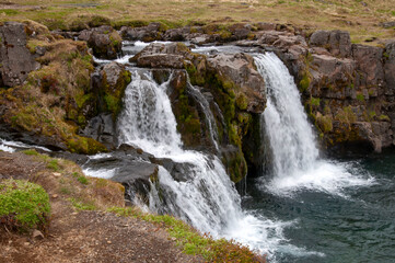 Grundarfjorour Iceland, view of the kirkjufellfoss a waterfall near Mt. Kirkjufell