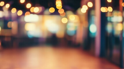 A blurry, warm-toned image of a cafe or restaurant interior at night, with lights creating a soft, inviting glow.