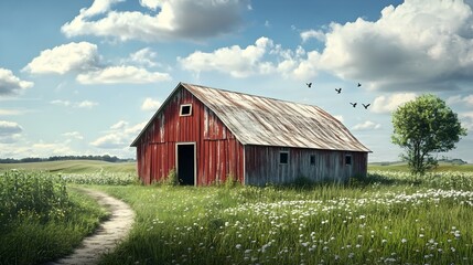Obraz premium Weathered Barn in a Scenic Countryside Landscape with Lush Greenery and Fluffy Clouds