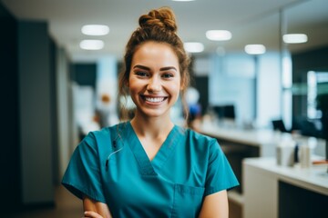Fototapeta premium Portrait of a young nurse in scrubs at hospital