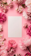 A pink flower frame has white paper in the center.