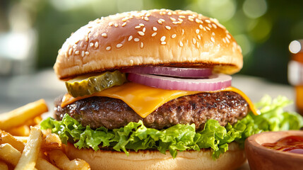 Juicy beef hamburger with melted cheddar cheese, served with crispy fries, outdoor backyard barbecue