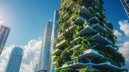 Obraz premium Futuristic Vertical Garden Apartment Building With Sustainable Green Facade and Integrated Urban Agriculture