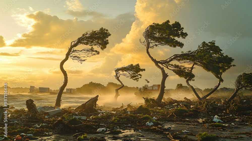 Poster windswept trees and debris scattered across the landscape symbolizing the raw destructive force of a