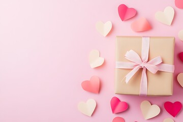 Gift box and paper hearts on a pink background.