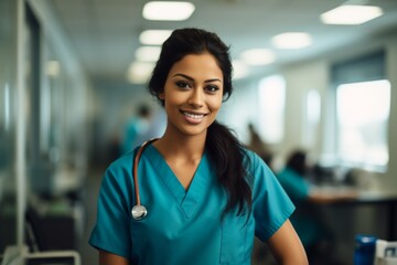 Portrait of a young nurse in scrubs at hospital
