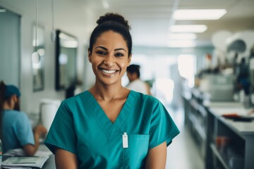 Portrait of a young nurse in scrubs at hospital