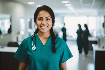 Portrait of a young nurse in scrubs at hospital