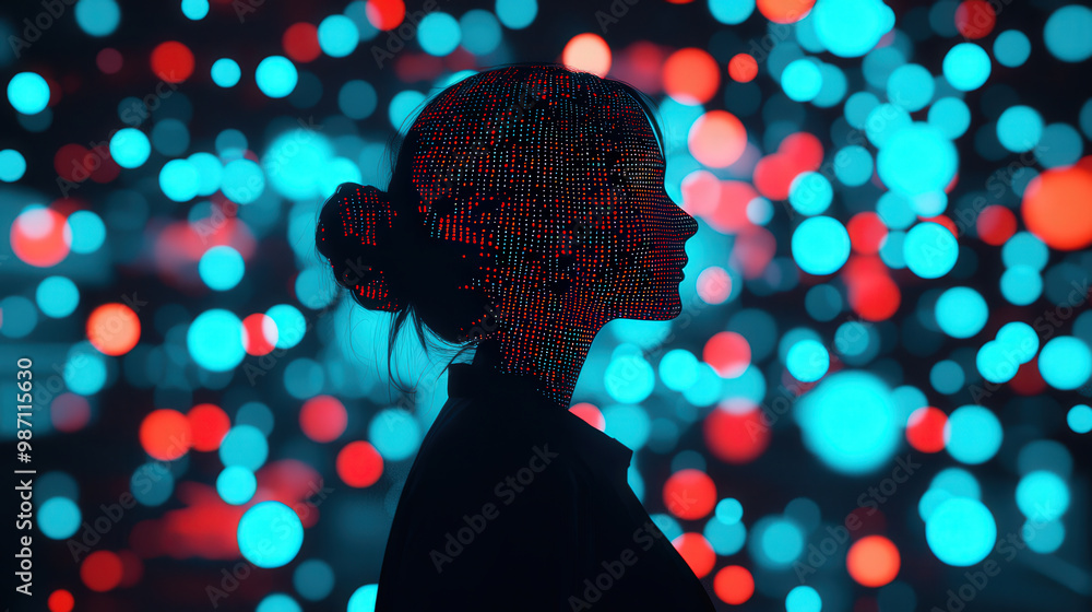 Poster image features silhouette of woman against vibrant background of colorful dots, creating abstract re