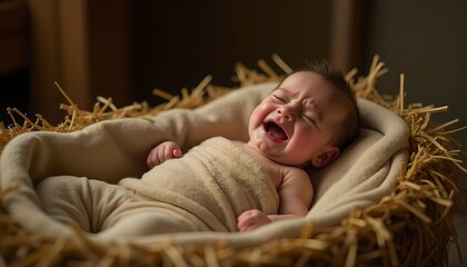 Crying baby wrapped in swaddling clothes