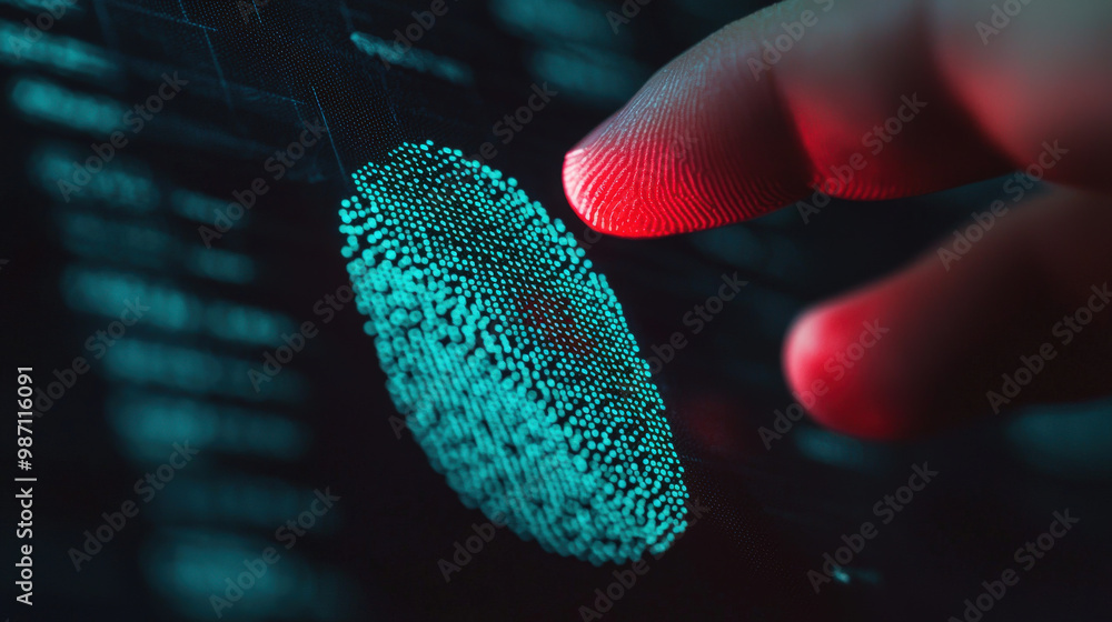 Poster close up of finger touching digital fingerprint scanner, showcasing advanced biometric technology. v