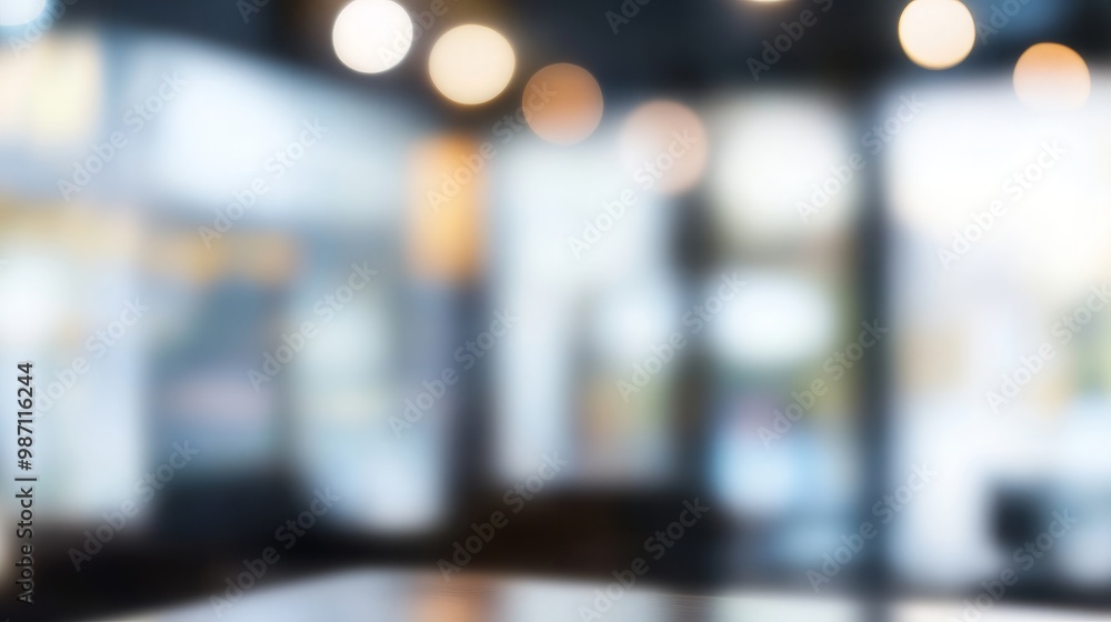 Poster a blurred, abstract image of a modern office space with windows and light fixtures creating a soft, 