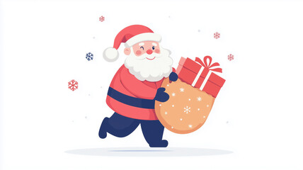 Illustration of cheerful Santa Claus carrying a large sack bag of gifts and holding a wrapped present, flat design illustration, white background.