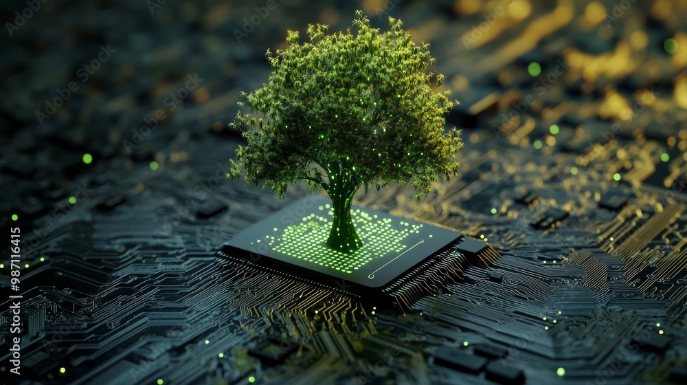 Aufkleber 3d render of a tree growing on a microchip circuit board with deep cuts, featuring green glowing lig