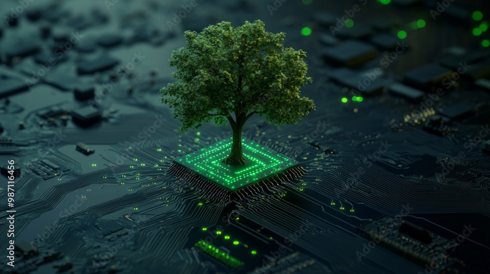 Aufkleber 3D render of a tree growing on a microchip circuit board with deep cuts, featuring green glowing lights against a dark background, AI Generative