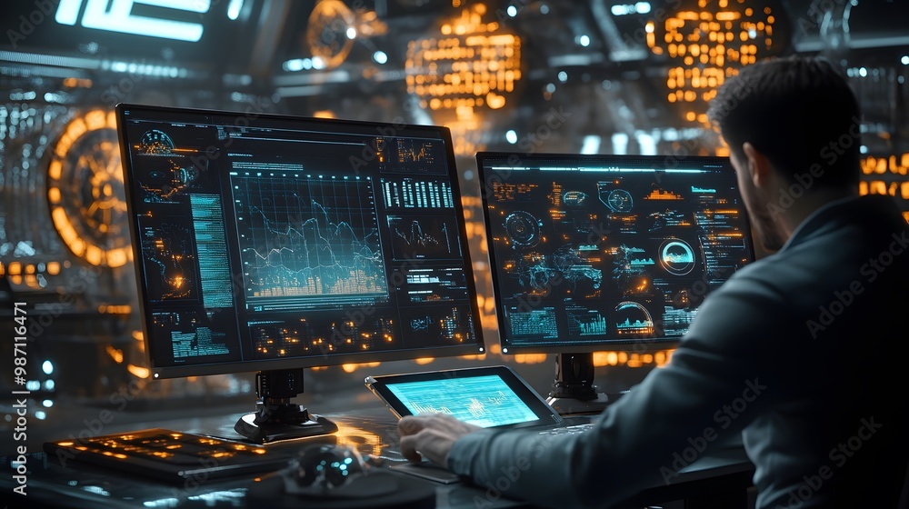Poster a futuristic workspace featuring a businessman using dual monitors and a tablet to analyze fluctuati