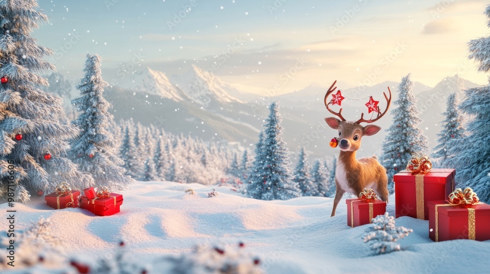 Poster 3d rendering of christmas background with snow-covered trees and a cute reindeer with a cowbell and 
