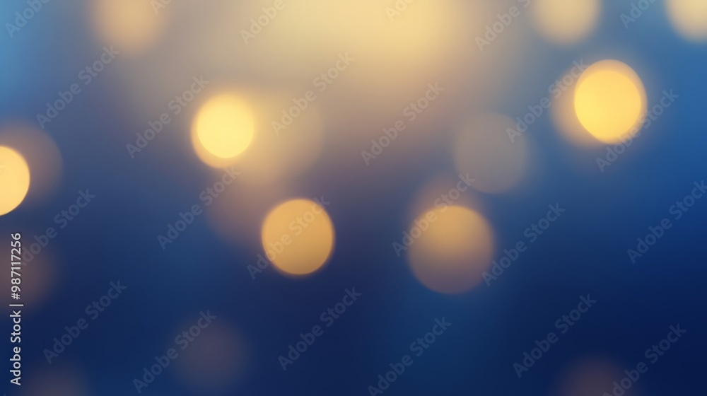 Poster abstract background with blurred golden lights on a blue backdrop, creating a soft and dreamy atmosp
