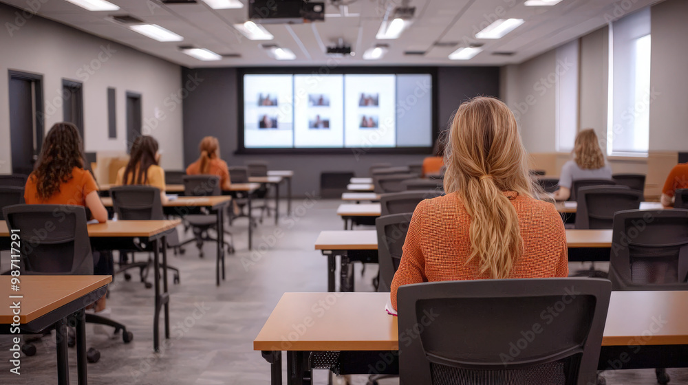 Poster students are engaged in hybrid classroom setup, focusing on their screens while seated at individual