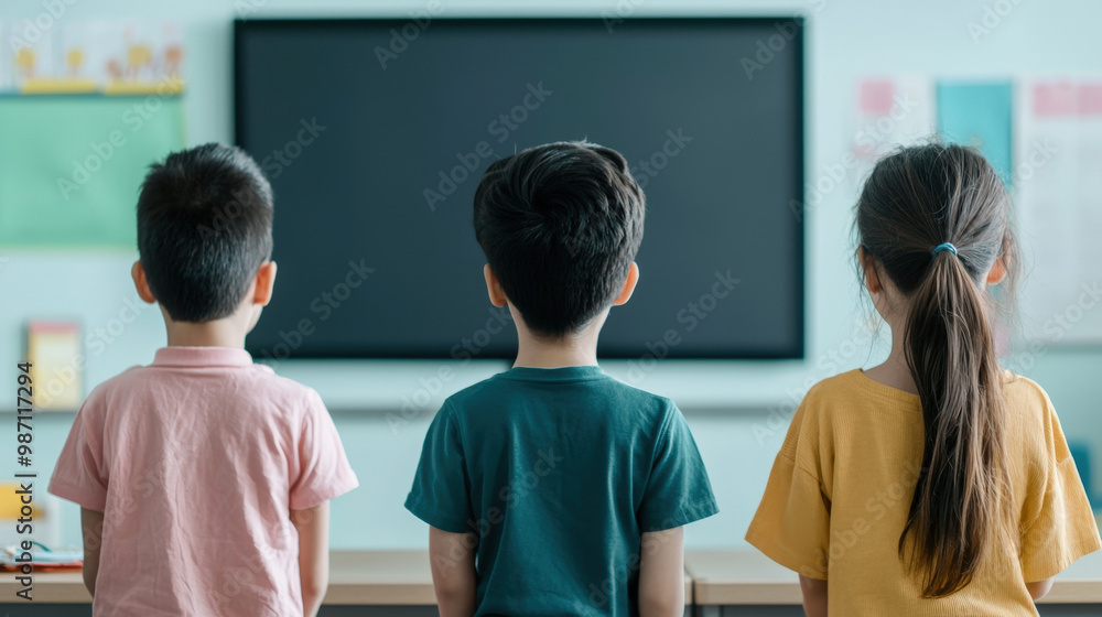 Poster engaged students in hybrid classroom setup, focused on large screen. atmosphere is one of curiosity 