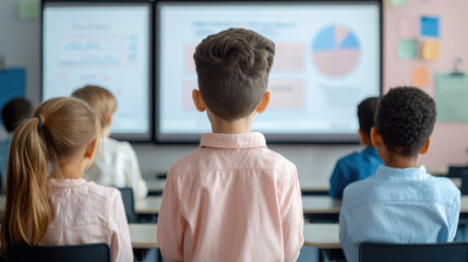 Fototapeta premium Engaged students in hybrid classroom setup, attentively watching presentation on large screens. atmosphere is focused and collaborative, fostering learning and interaction