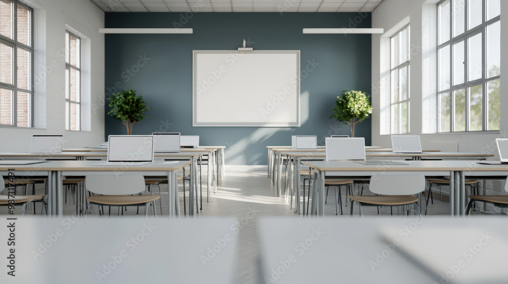 Poster modern classroom featuring rows of desks with laptops, large windows allowing natural light, and gre