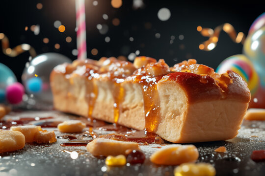 Ciabatta slice drizzled and huney, Delicious dessert,decorated with lollipops candy necklaces balloons stars streamers and glittering confetti, Hyper-realistic style, Generative AI