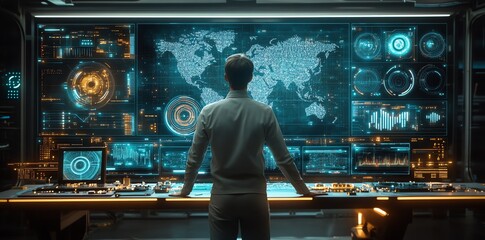 A woman stands in front of a futuristic control panel, monitoring a glowing world map.