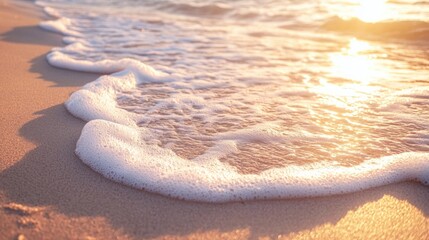 Obraz premium a beautiful photograph of beach waves on sand. The photo was taken during golden hour which adds warmth to the overall tone. The photo is taken by pro, AI Generative