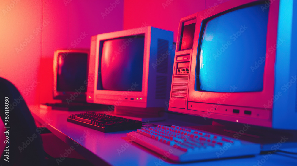 Poster vibrant scene showcasing early 2000s computers with colorful lighting, creating nostalgic atmosphere