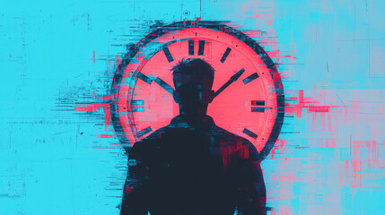 surreal image of silhouette against vibrant clock, symbolizing passage of time and urgency. contrasting colors evoke sense of mystery and anticipation
